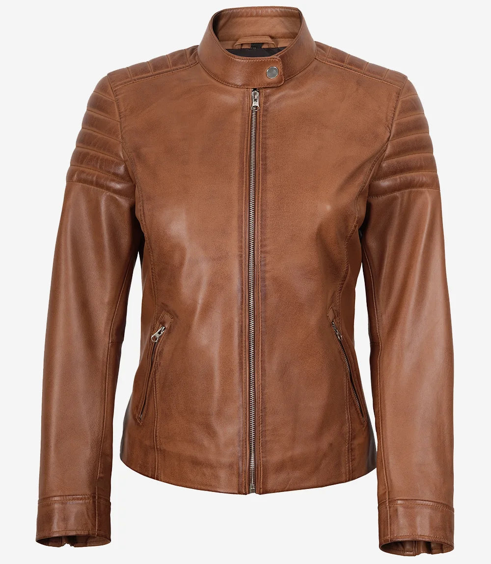 Veste de motard en cuir beige pour femme