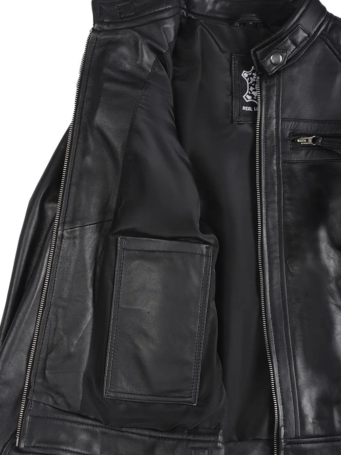 Johnson Tall - Women's Black Cafe Racer Leather Jacket 