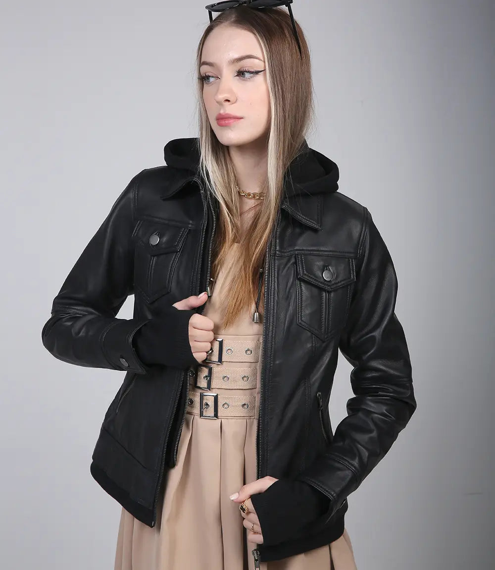 Blouson biker en cuir noir à capuche pour femme