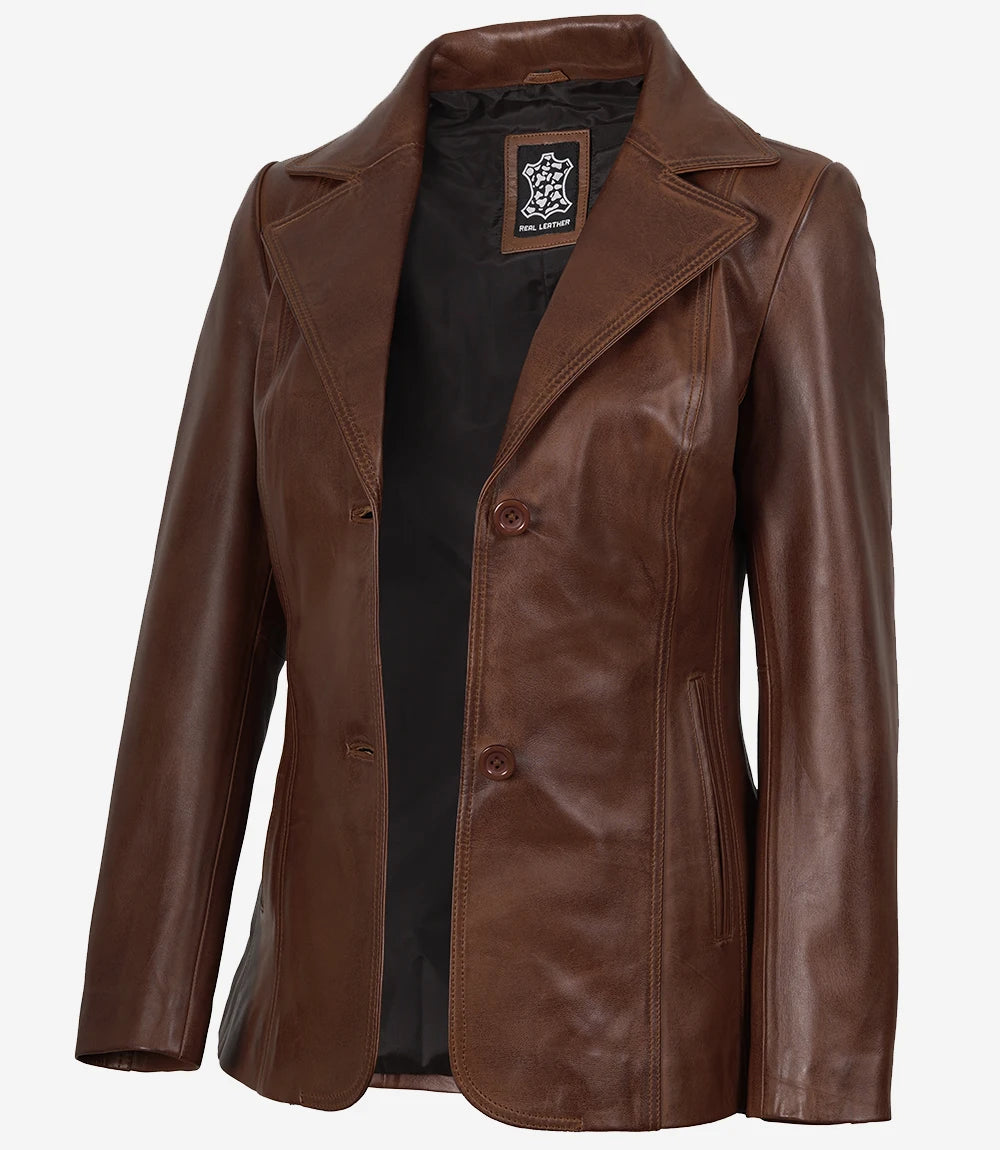 Blazer en cuir cognac pour femme
