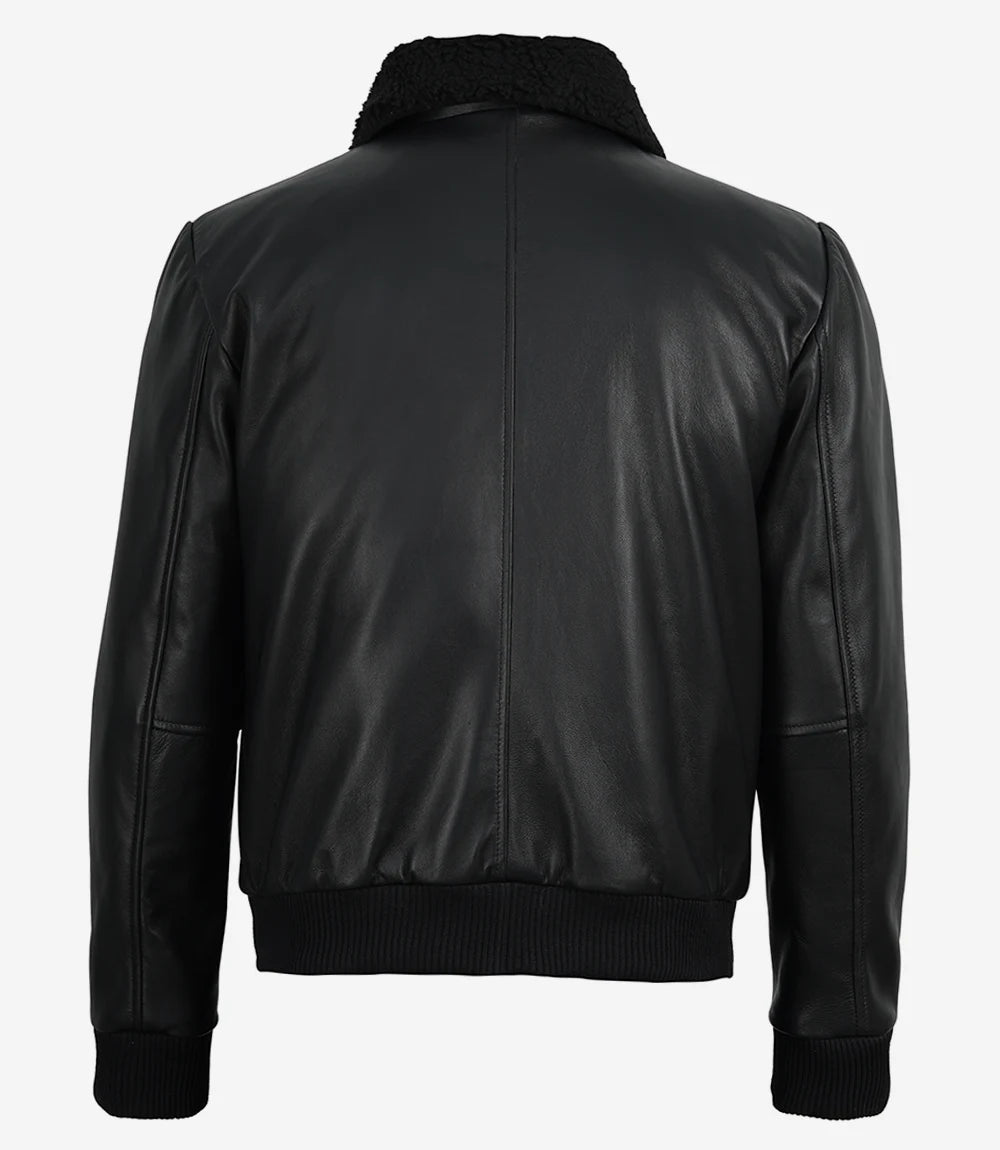 Blouson en Cuir Noir avec Col Amovible en Fausse Peau Lainée