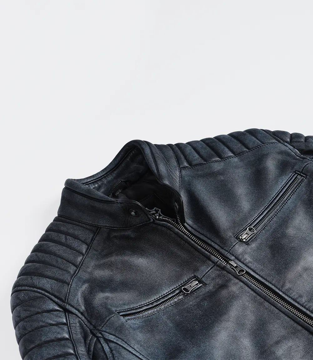 Blouson en Cuir D'agneau Noir Délavé Aspect Vieilli