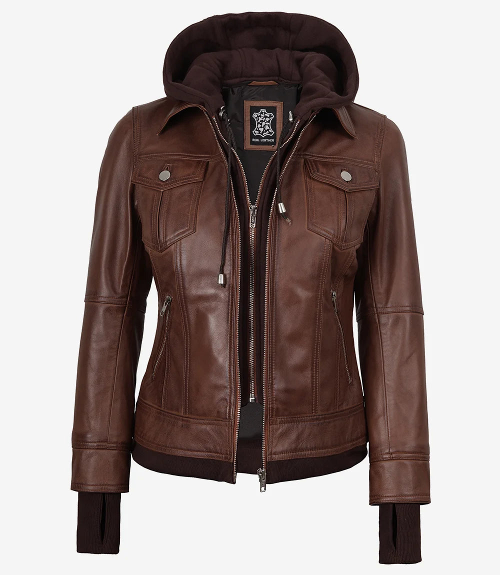 Blouson Bomber En Cuir Capuche Amovible