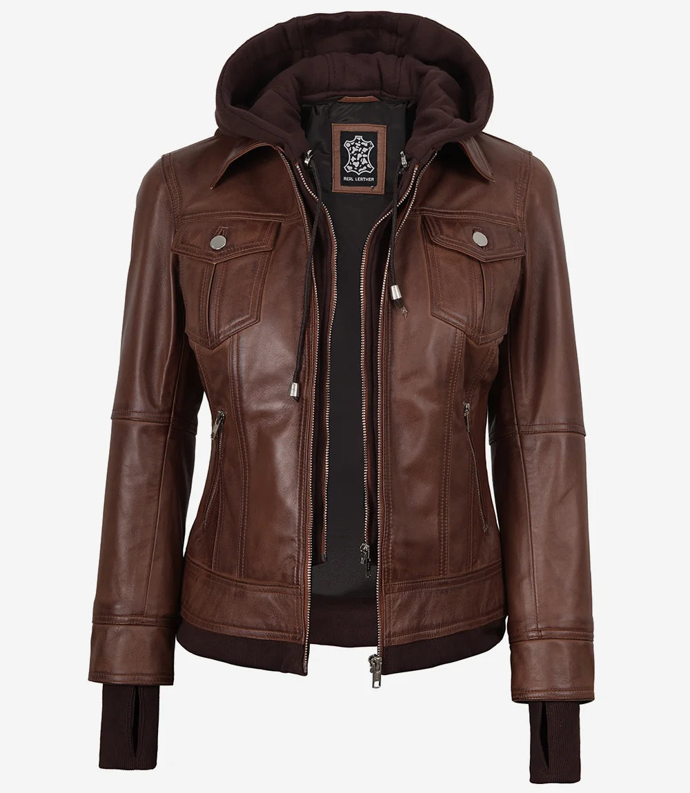 Blouson Bomber En Cuir Capuche Amovible