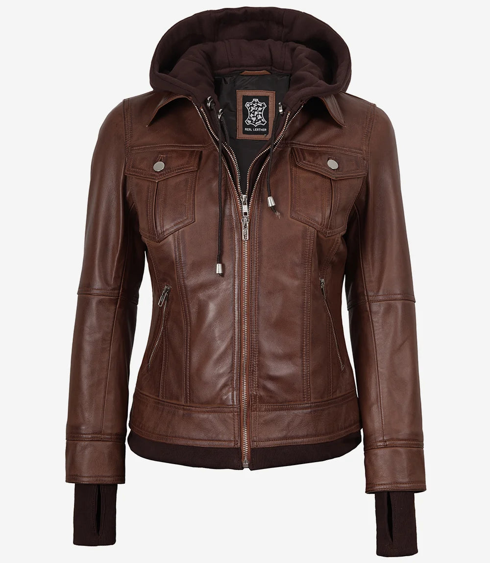 Blouson En Cuir Femme Marron Capuche Amovible