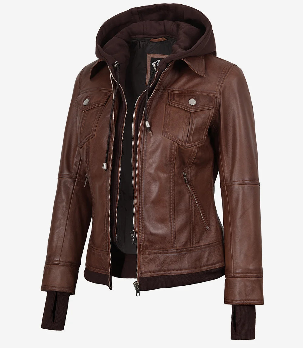 Blouson Bomber En Cuir Femme Marron Foncé à Capuche Amovible