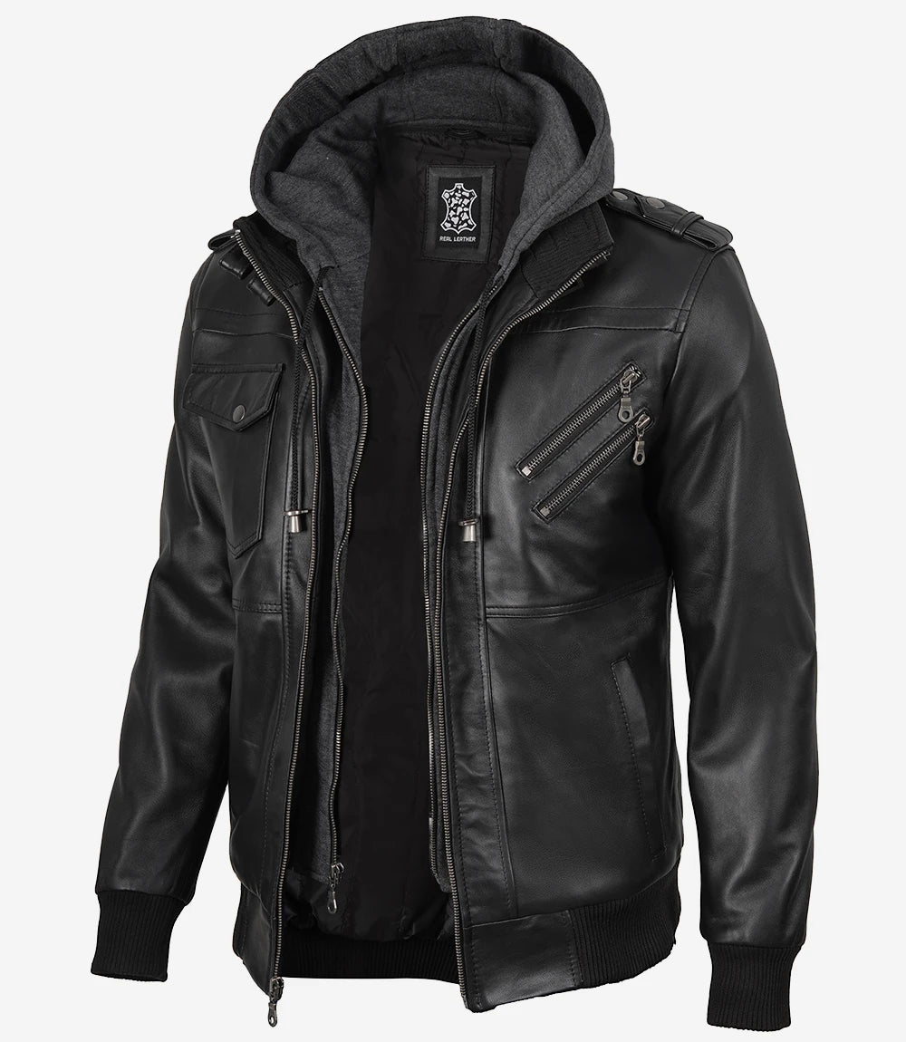 Ferndale Blouson Bomber En Cuir Noir à Capuche Amovible Pour Homme