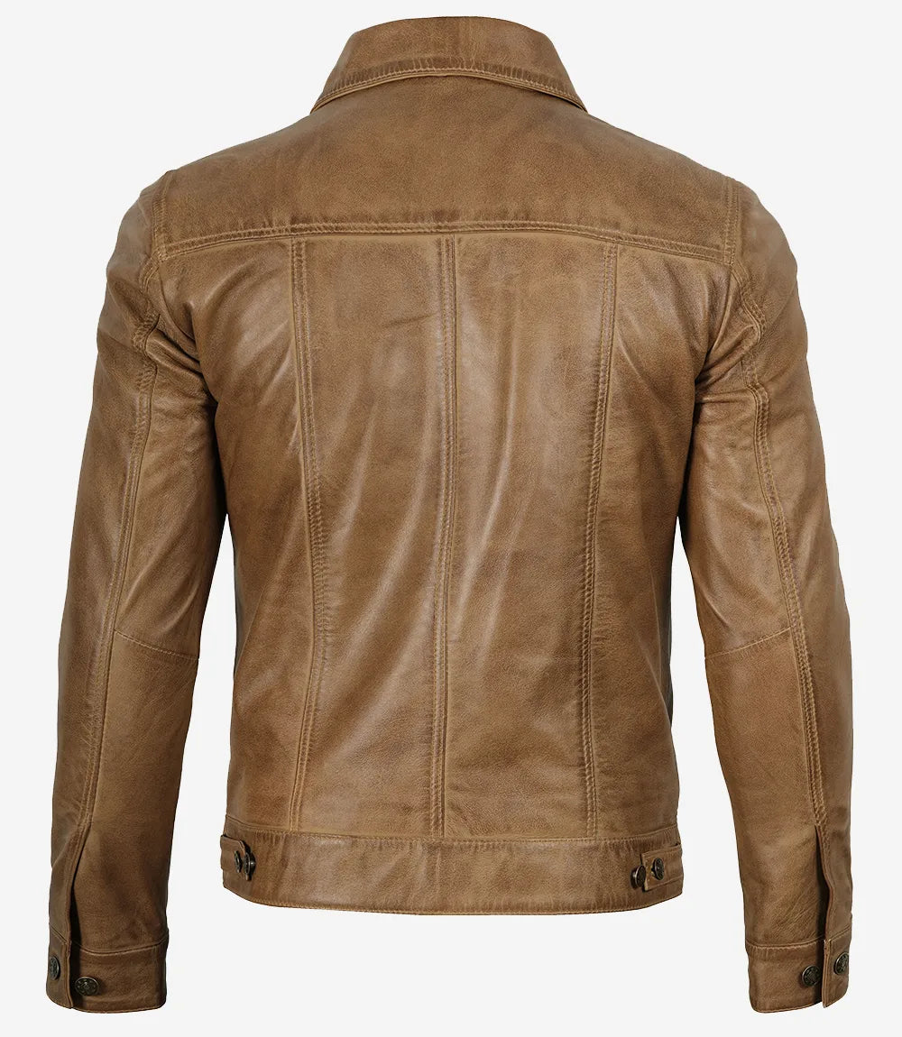 Blouson Camionneur En Cuir Camel Homme