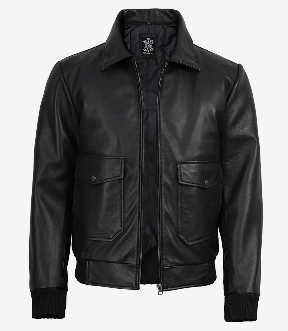 Blouson Aviateur en Cuir Noir pour Homme