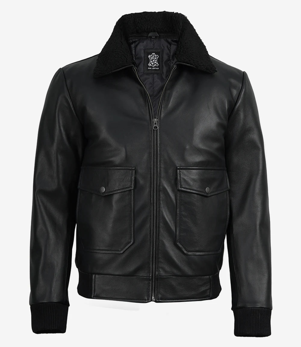 Blouson Aviateur en Cuir avec Col Amovible en Fausse Peau Lainée