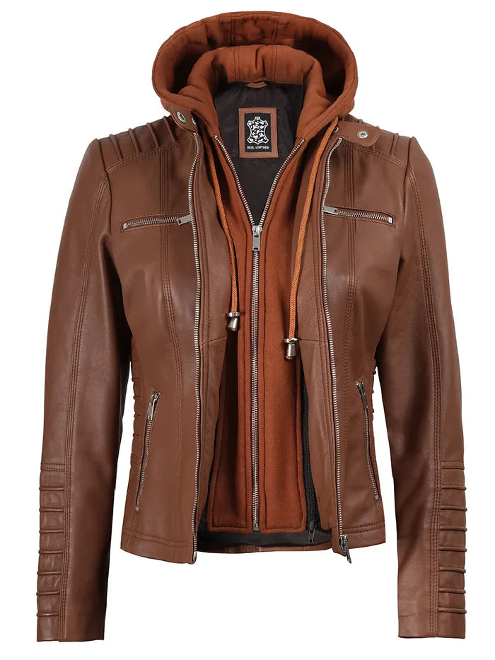 Veste en cuir Cognac Cafe Racer pour femme avec capuche amovible