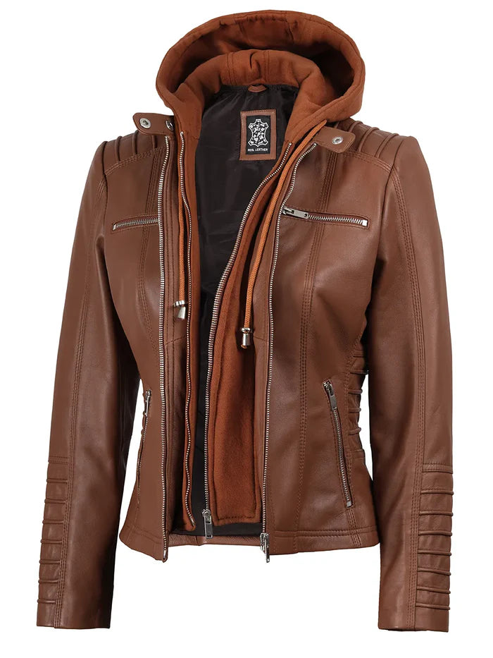 Veste en cuir Cognac Cafe Racer pour femme avec capuche amovible