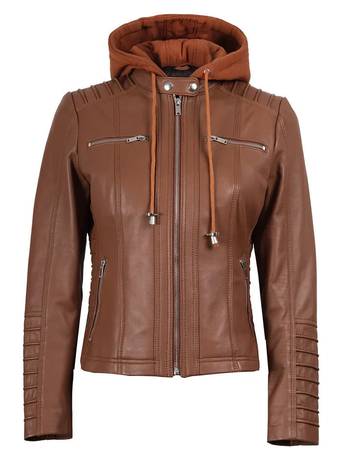 Veste en cuir Cognac Cafe Racer pour femme avec capuche amovible