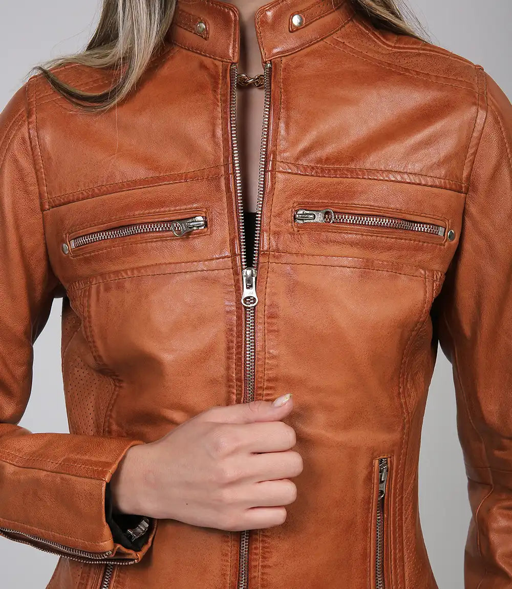Veste de moto beige classique en cuir véritable pour femme