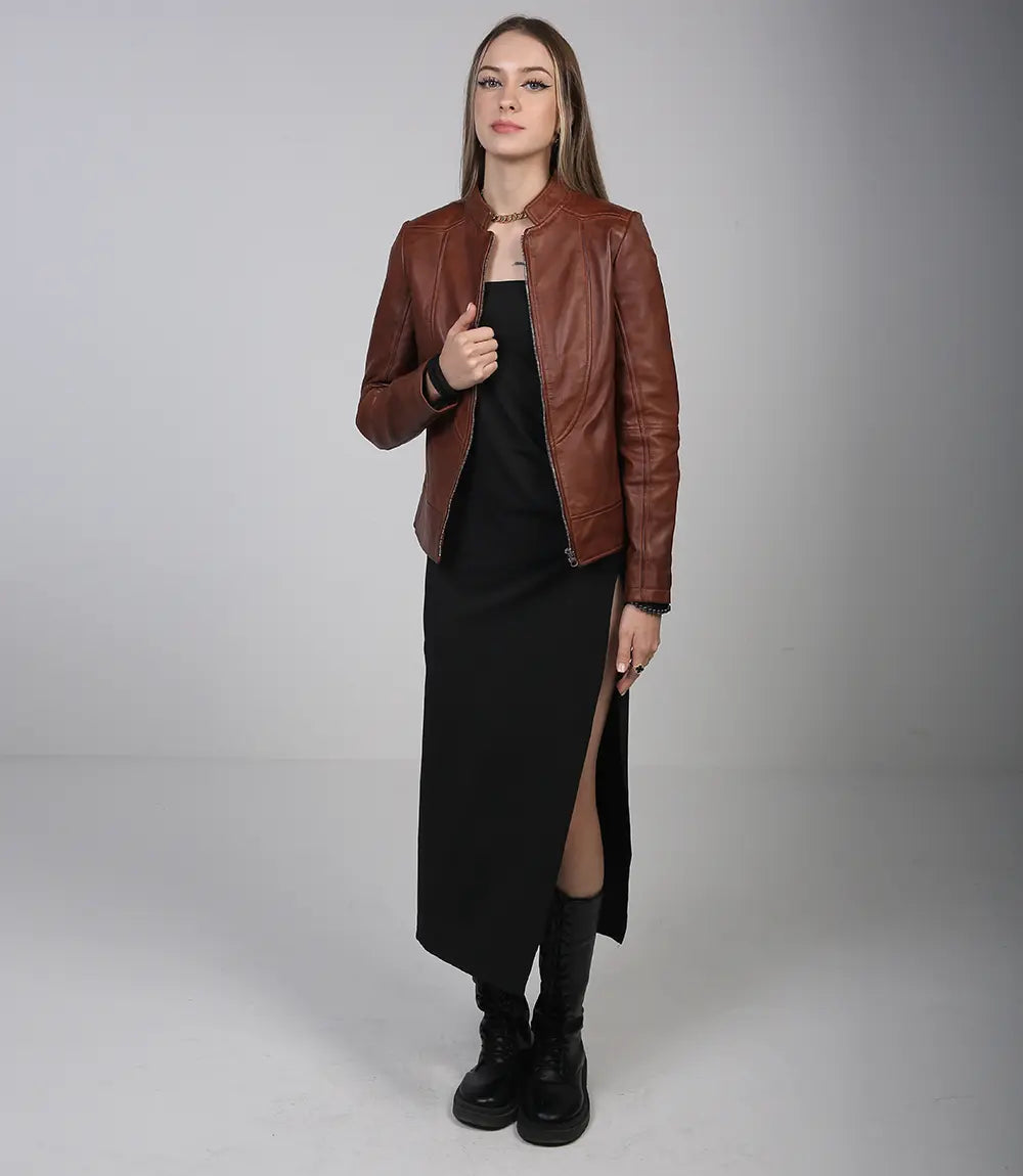 Blouson café racer cognac pour femme en cuir véritable