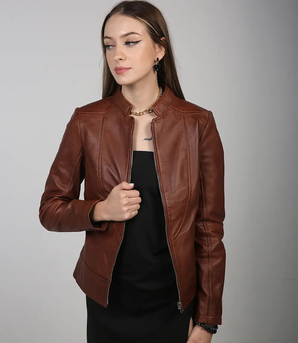 Blouson café racer en cuir cognac pour femme