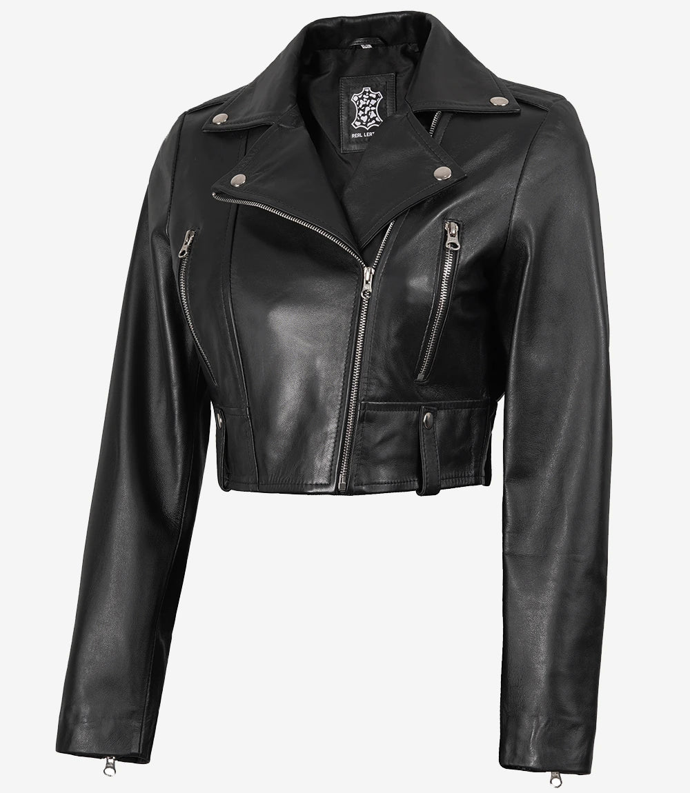 Colleen Noir Veste Courte En Cuir Biker Femme