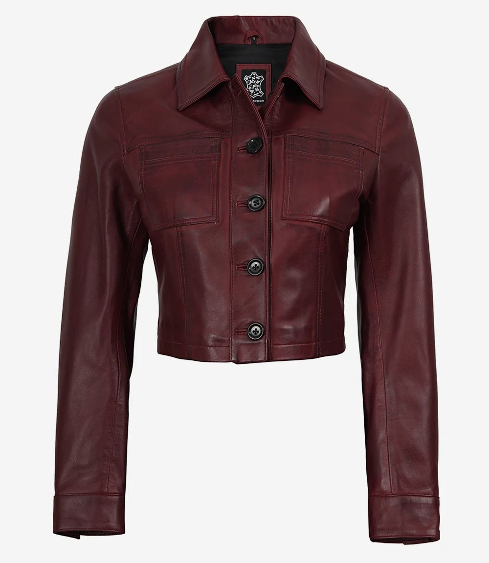 Pour Femme Ciré Bordeaux Veste En Cuir