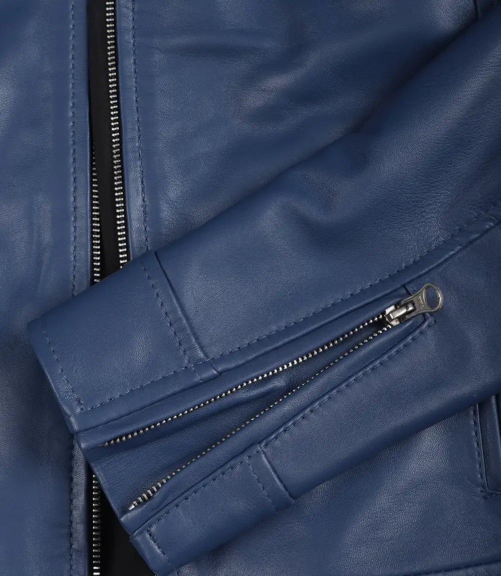 Dodge Veste En Cuir Bleu Cafe Racer Pour Femme