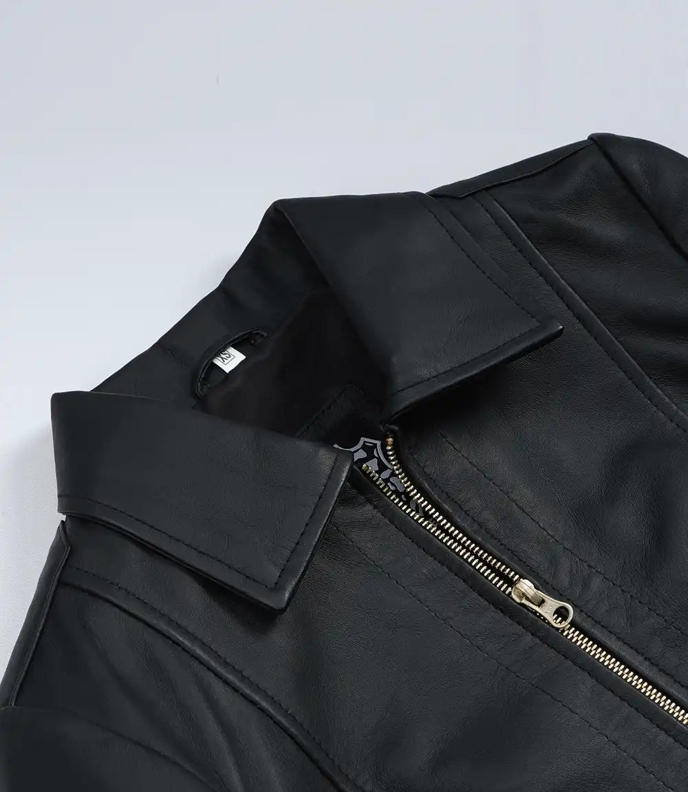 Pour Femme Harrington Noir Veste en Cuir Détails dorés