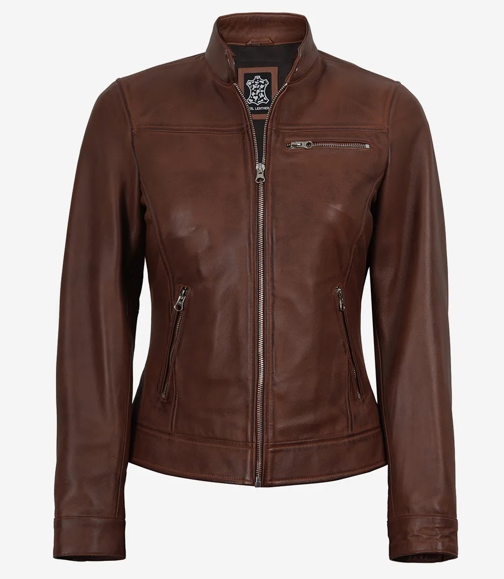 Véritable Ciré Cognac Veste Biker en Cuir