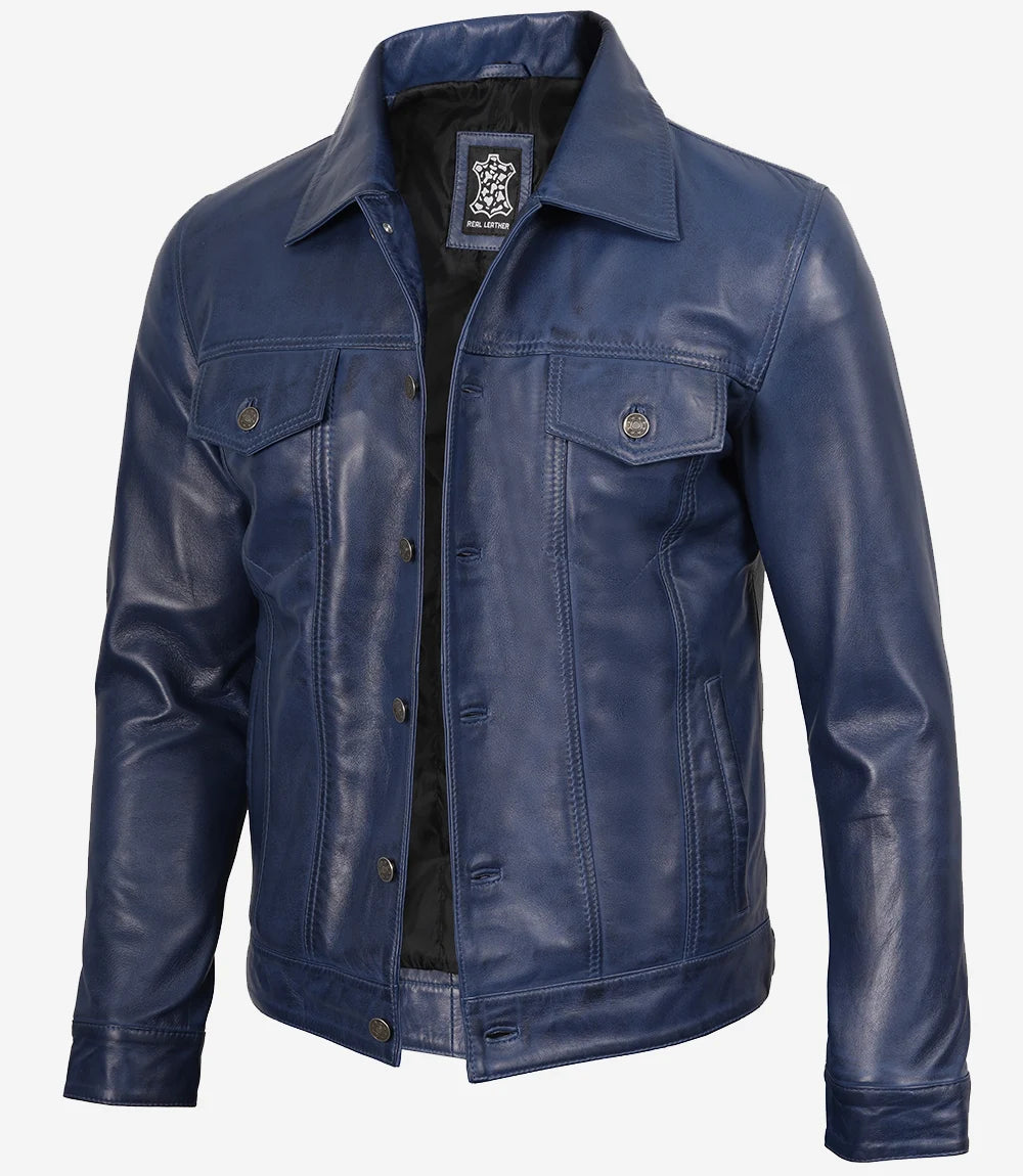 Fernando Veste Camionneur En Cuir Bleue Homme