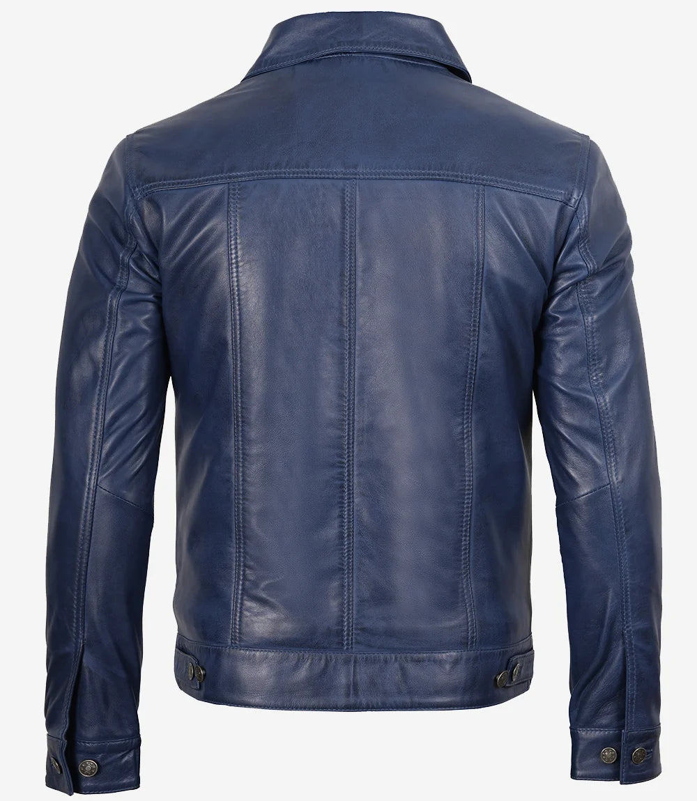Veste Camionneur En Cuir Bleue Homme