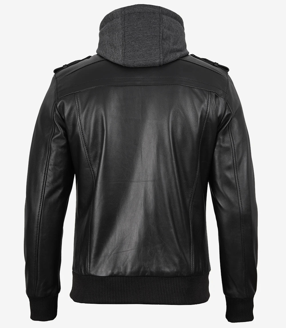 Blouson Bomber En Cuir Noir à Capuche Amovible Pour Homme