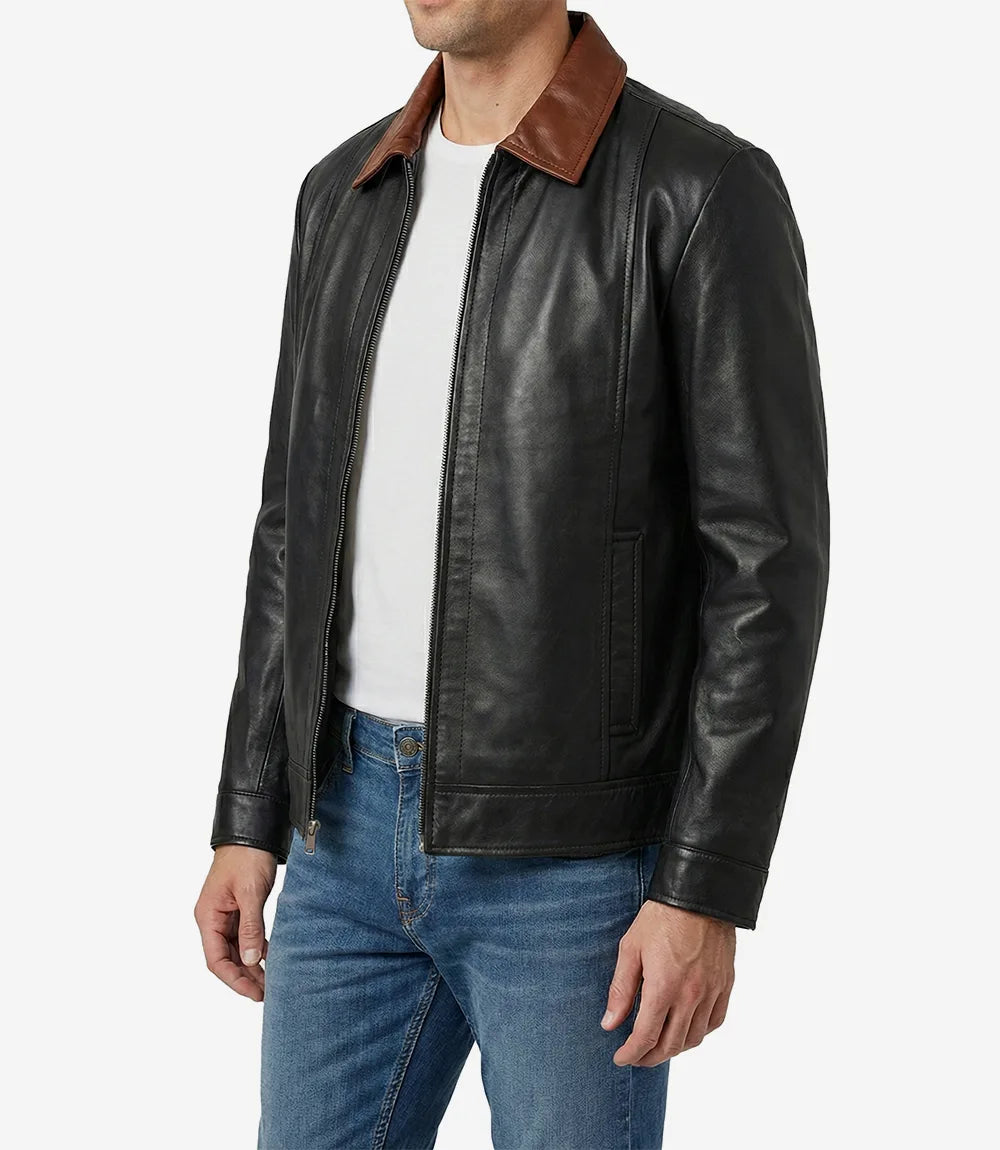 Pour Homme Harrington bicolore noire avec col cognac Veste En Cuir