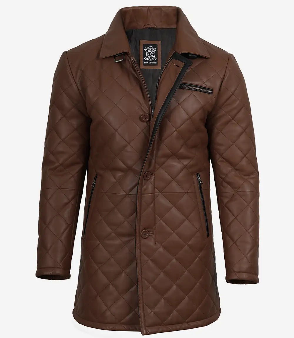 Matelassé Marron Cognac Manteau en Cuir Car-Coat