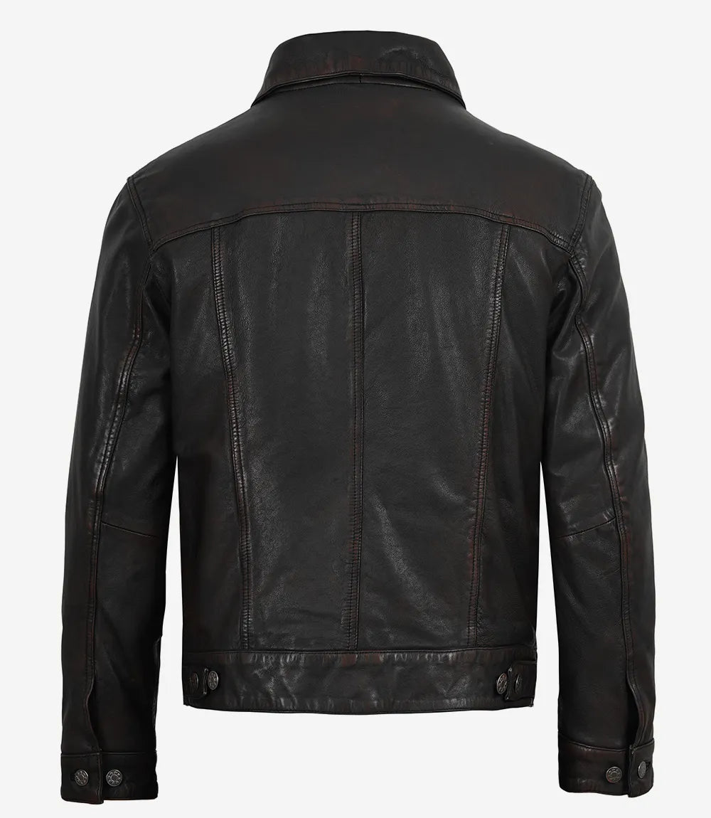 Homme Vieilli Bordeaux et Noir Délavé Veste En Cuir