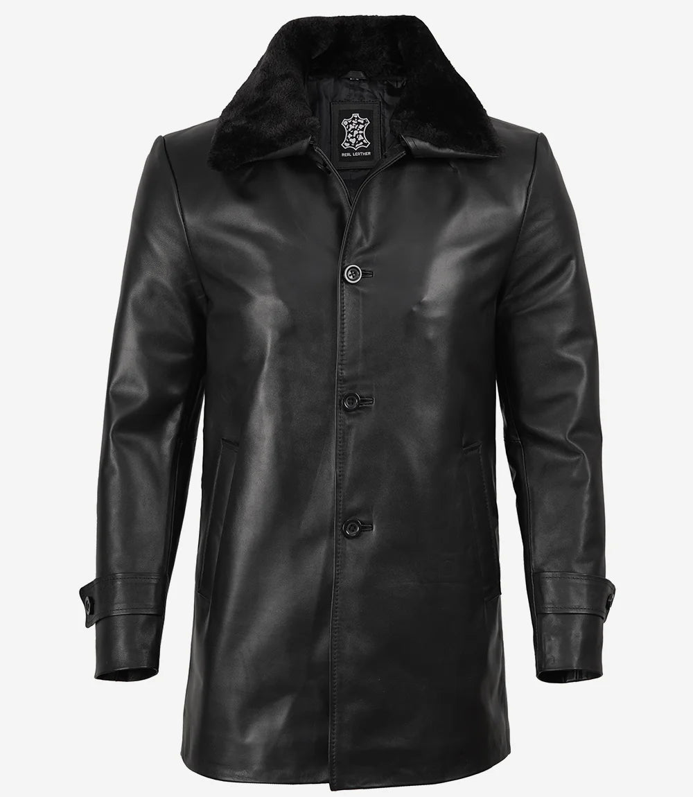 Manteau en Cuir Noir Col en Fourrure