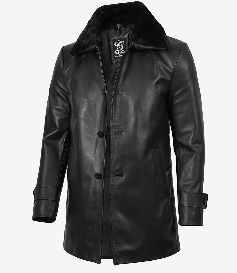 Homme Manteau en Cuir Noir avec Col en Fourrure