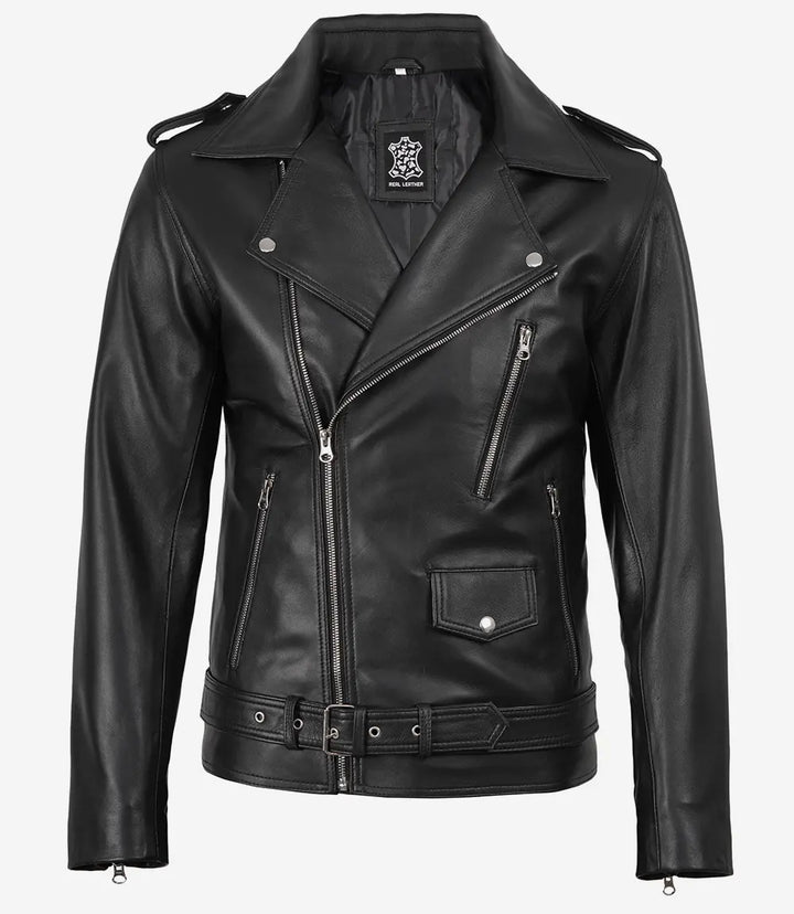Veste biker en cuir noir a ceinture pour homme