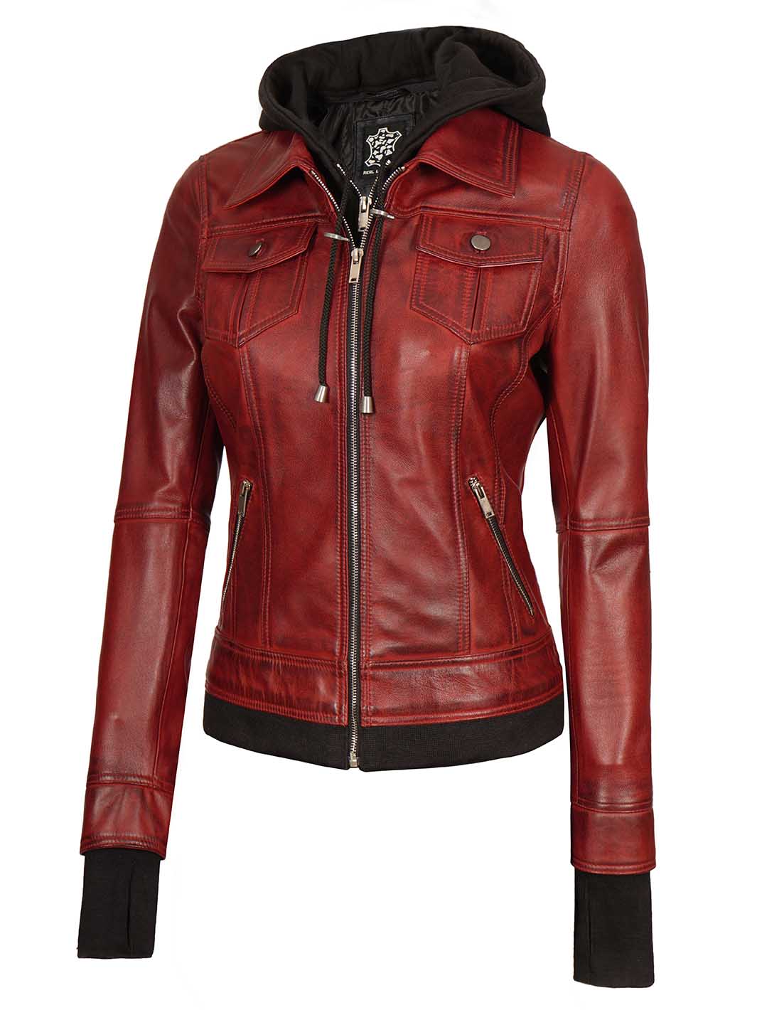 Veste en cuir marron avec capuche amovible