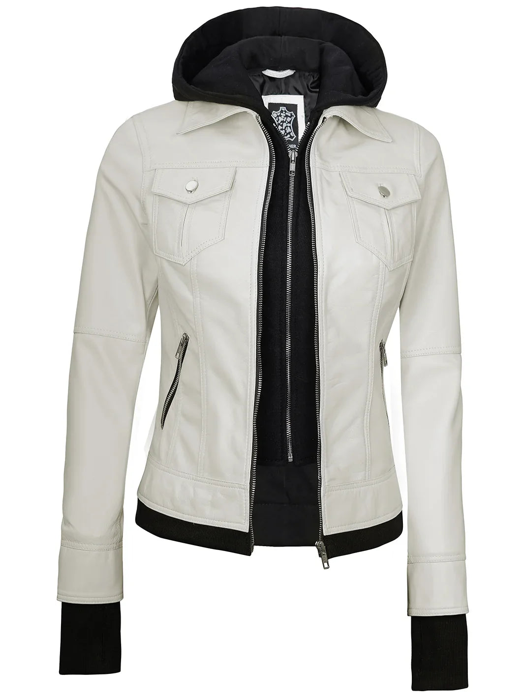 Veste en cuir à capuche blanc cassé