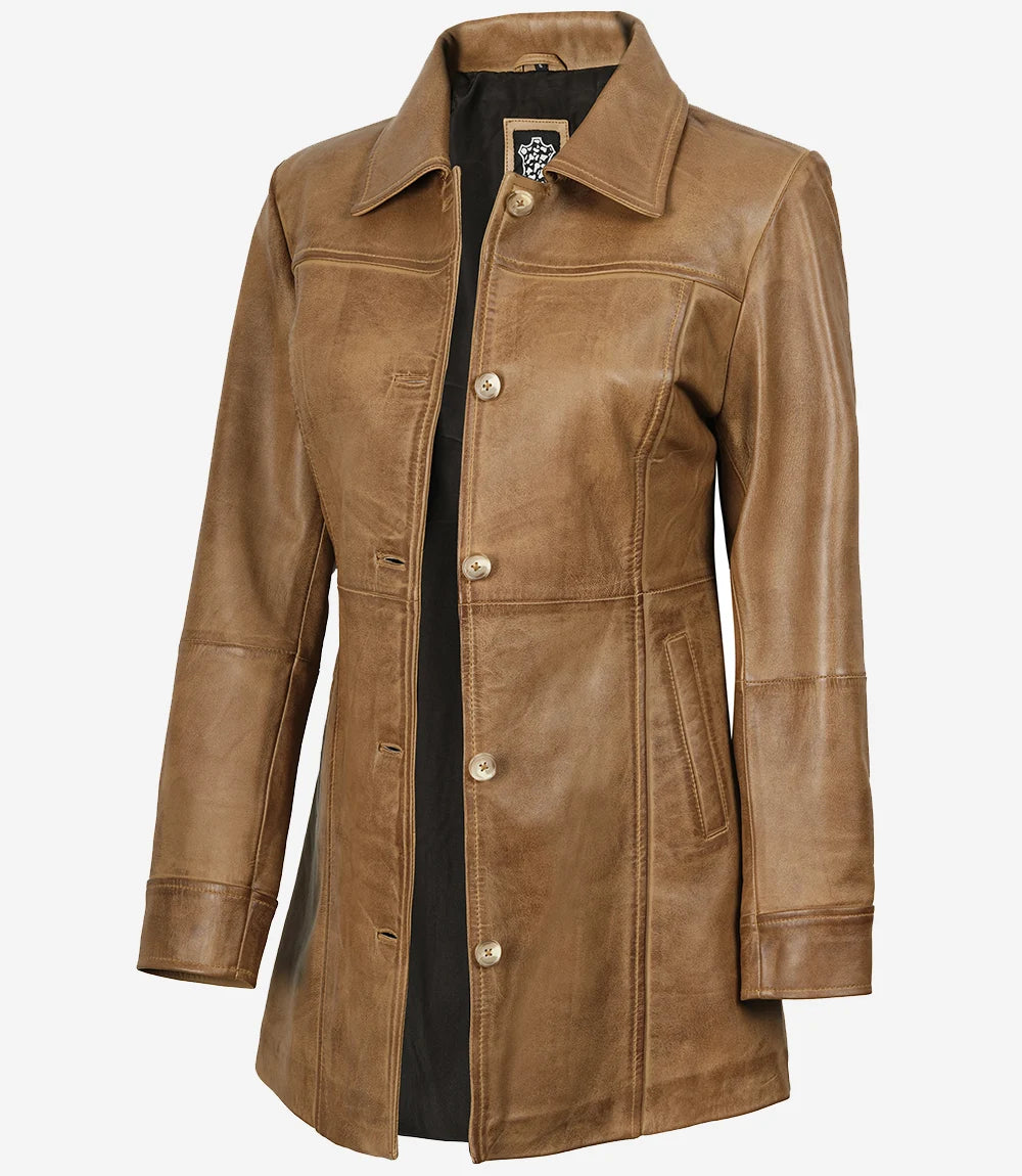 Manteau de voiture en cuir marron chameau pour femme