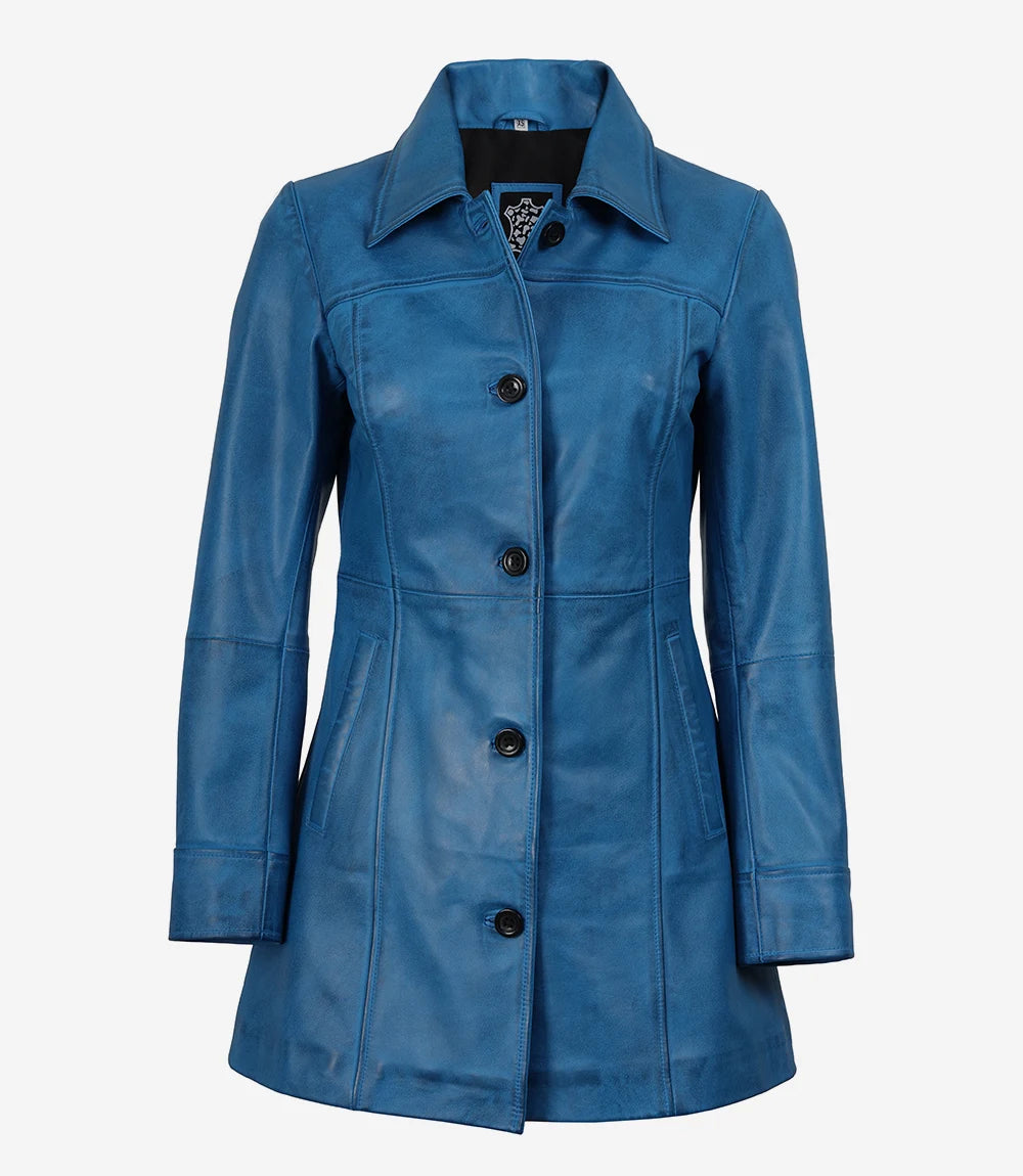 Manteau 3/4 en Cuir D'agneau Bleu Femme
