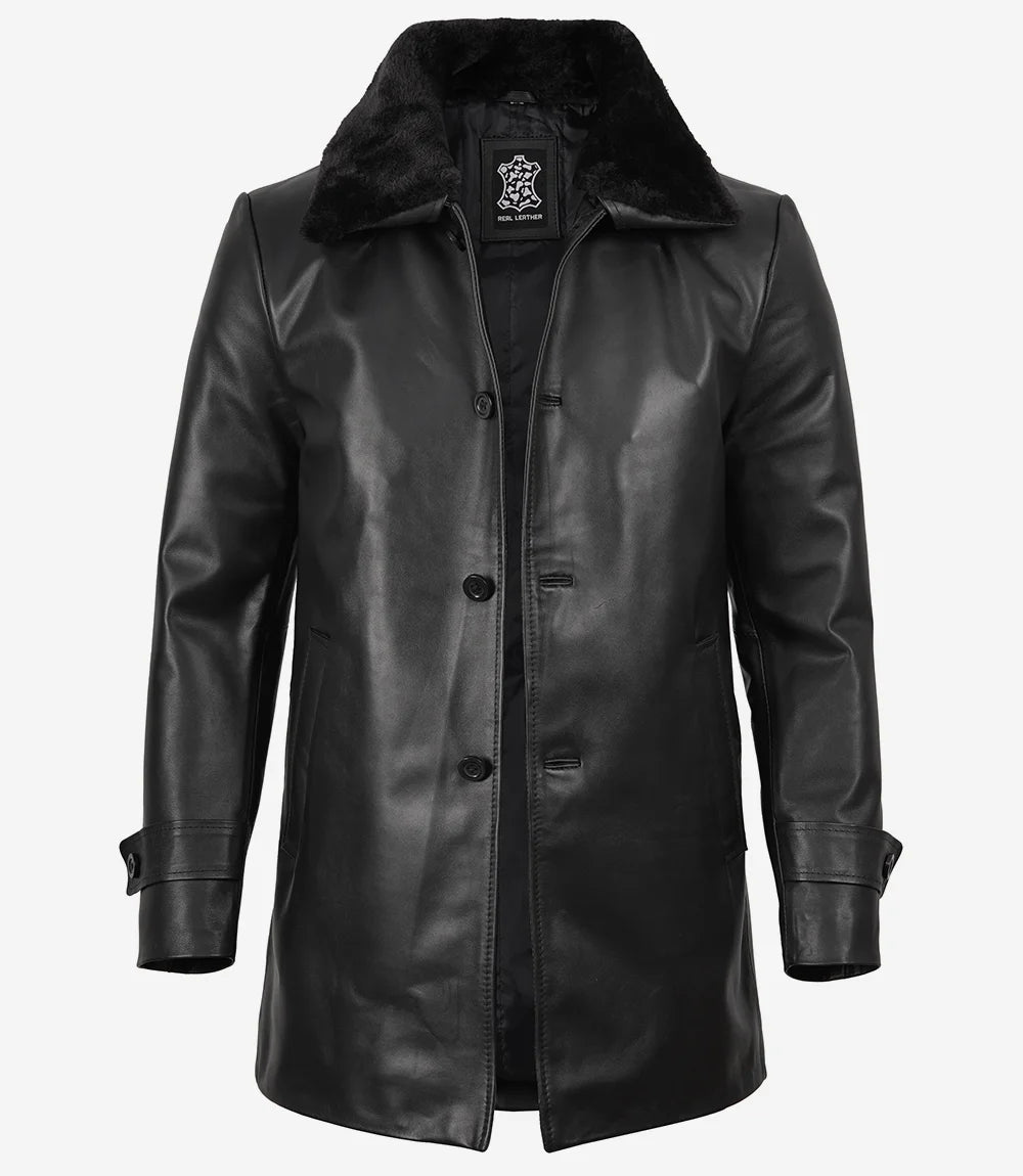 Manteau en Cuir Noir Col en Fourrure