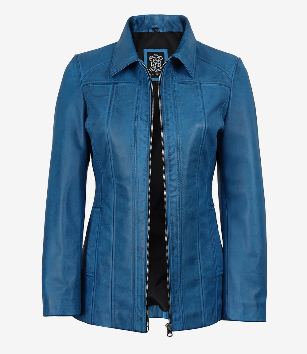 Marsha Manteau 3/4 en Cuir D'agneau Véritable Bleu Pour Femme