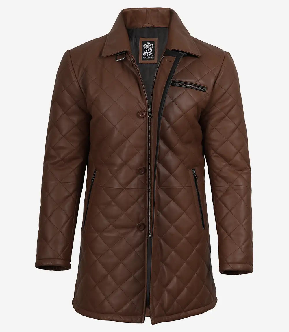 Homme Matelassé Marron Cognac Manteau en Cuir Car-Coat