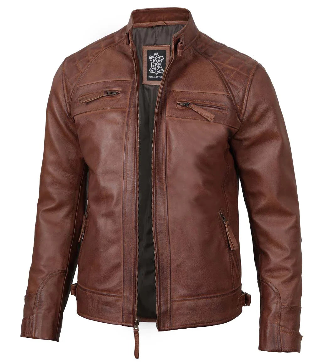 Blouson en cuir matelassé marron Cafe Racer pour homme