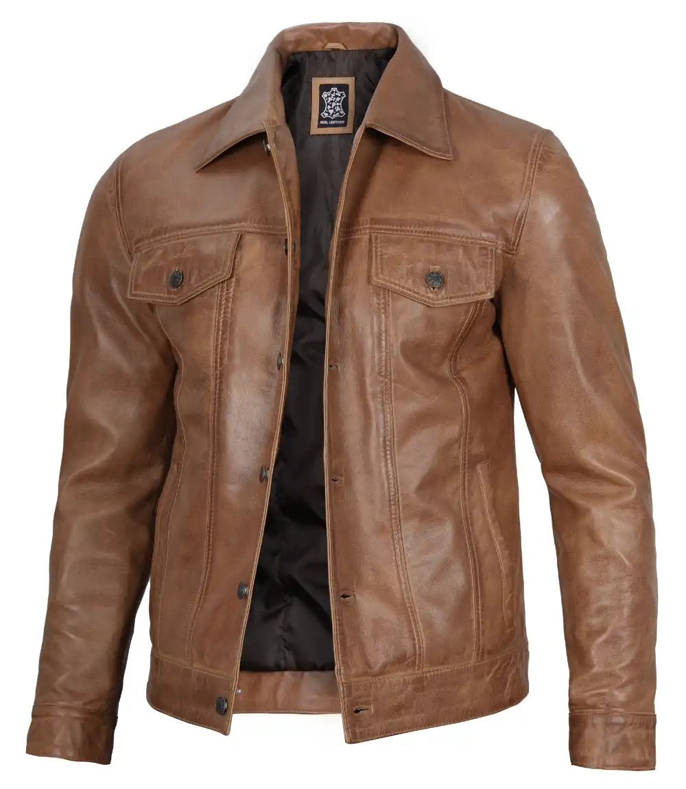 Veste en cuir camel à fermeture boutonnée pour homme