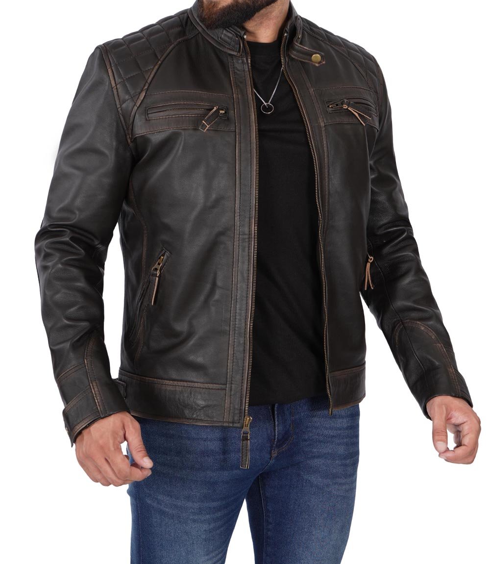 Veste en cuir marron véritable d'agneau pour homme