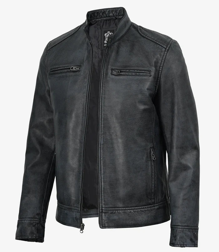 Noir Lavé Café Racer Veste en Cuir pour Homme