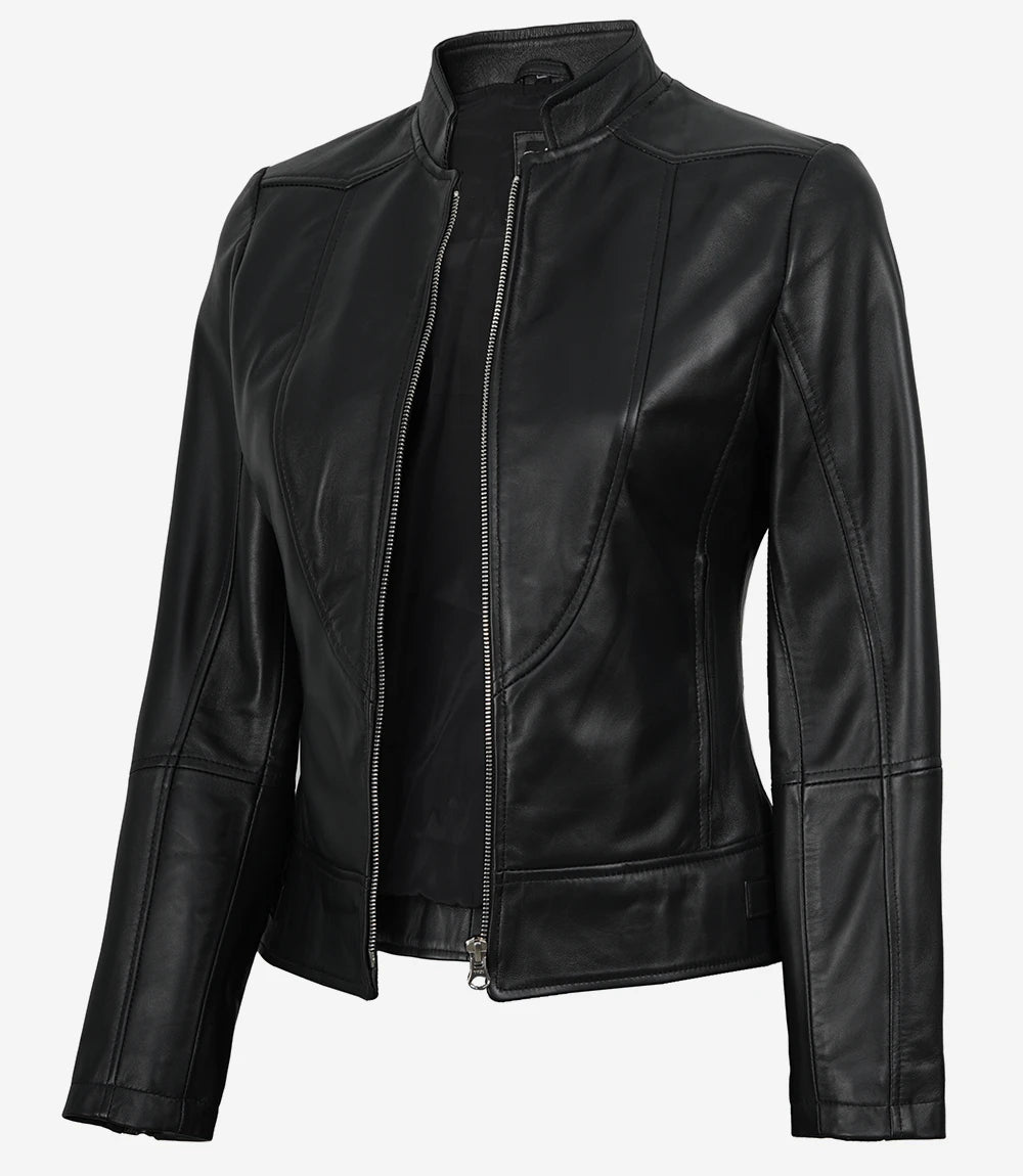 Noire Cafe Racer Blouson Cuir Femme
