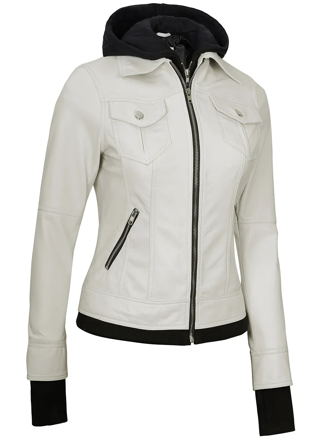 veste en cuir blanc cassé avec capuche