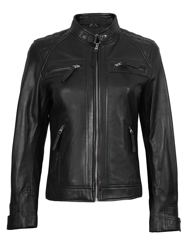 Johnson Petite Women's Black Cafe Racer Leather Jacket 