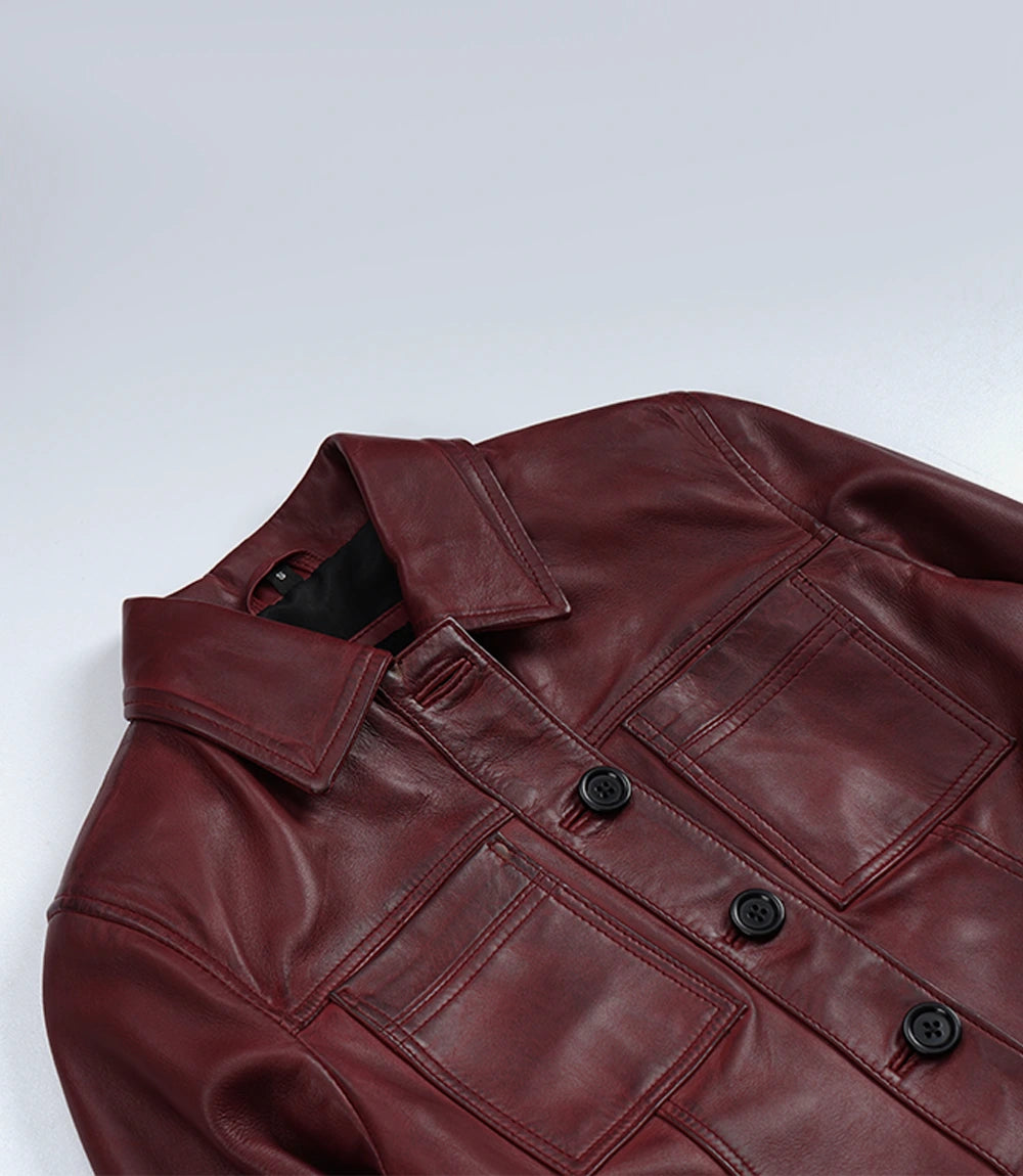 Harrington Courte Ciré Bordeaux Veste En Cuir