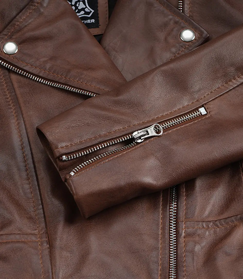 Courte Moto Cognac Ciré Veste En Cuir